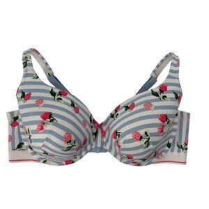 Cacique Lightly Lined Cotton T-Shirt Bra Strawberry Striped Blue White 46DD